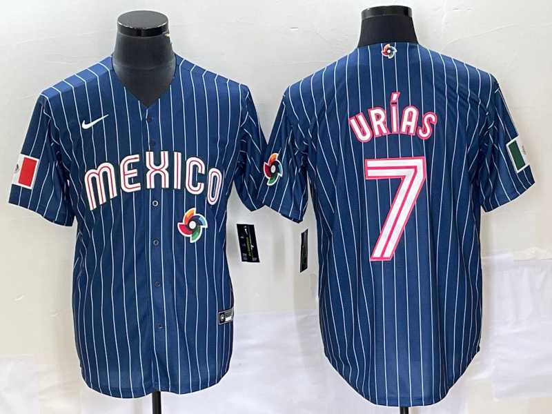 Men%27s Mexico Baseball #7 Julio Urias Navy Blue Pinstripe 2020 World Series Cool Base Nike Jersey 1->2023 world baseball classic->MLB Jersey